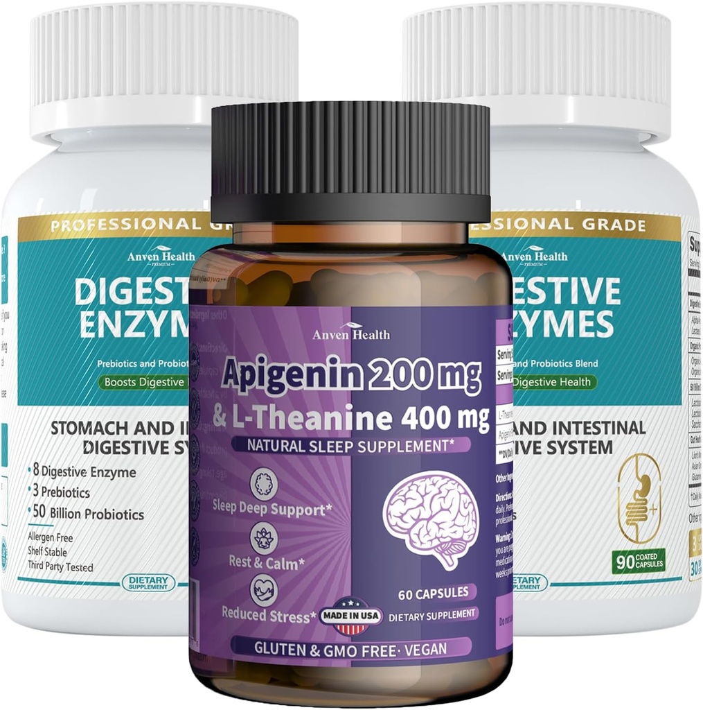 Apigenin with L-Theanine + Digestive Enzymes Wellness Bundle – Natural Relaxation, Stress Relief & Digestive Support