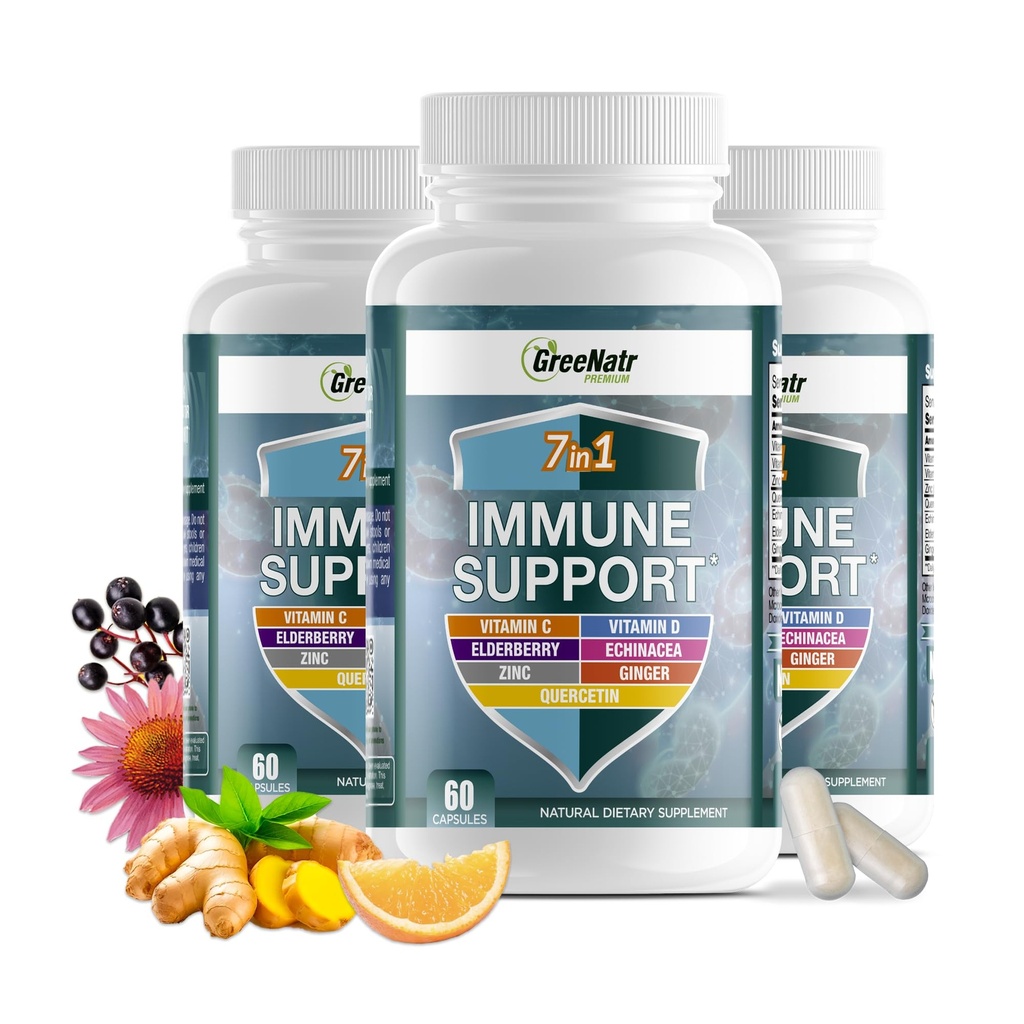 GreeNatr Immune Support Supplement with Vitamin C, D3, Zinc 50mg, Quercetin, Echinacea Purpurea, Sambucus Elderberry and Ginger for Complete Immune Defense - 60 Capsules (3 Bottles)