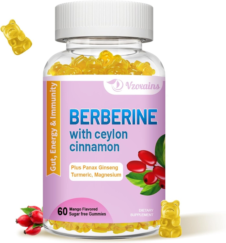 Berberine with Ceylon Cinnamon Gummies, High Potency Berberine HCI Supplement, Immune Health Support, 60 Mango Flavored Gummies