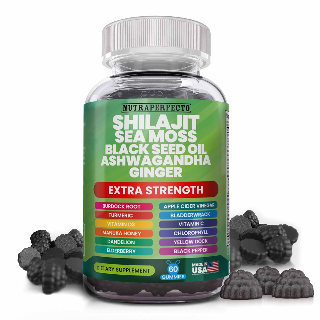 Shilajit Gummies with Irish Sea Moss Black Seed Oil Ashwagandha Ginger Elderberry Vitamin D3 Chlorophyll Turmeric Bladderwrack Advanced Strength Formula Resin Shilajit for Men & Women