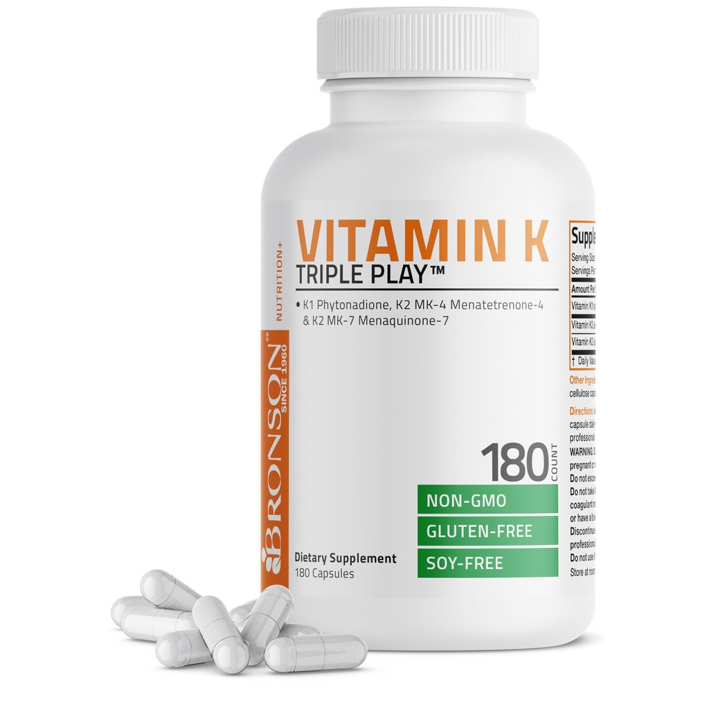 Vitamin K Triple Play (Vitamin K2 MK7 / Vitamin K2 MK4 / Vitamin K1) Full Spectrum Complex Vitamin K Supplement, 180 Capsules