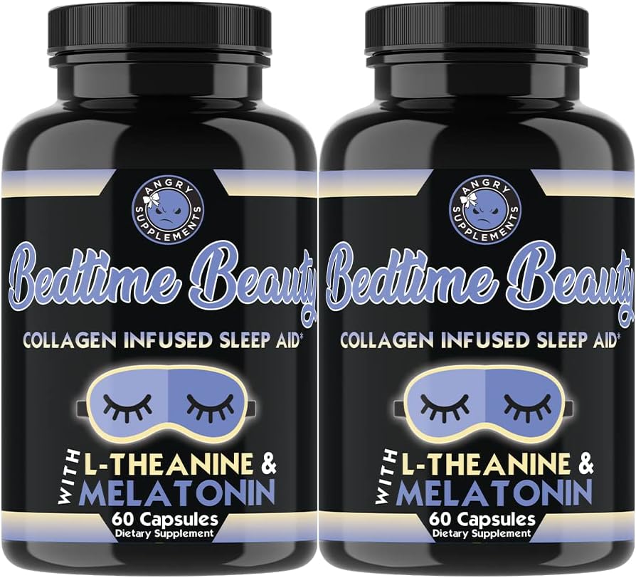 Bedtime Beauty, Collagen Infused Night Time Sleep Aid, All Natural Pills with L-Theanine, Melatonin, Magnesium & Hyaluronic Acid by Angry Supplements (2-Bottles)