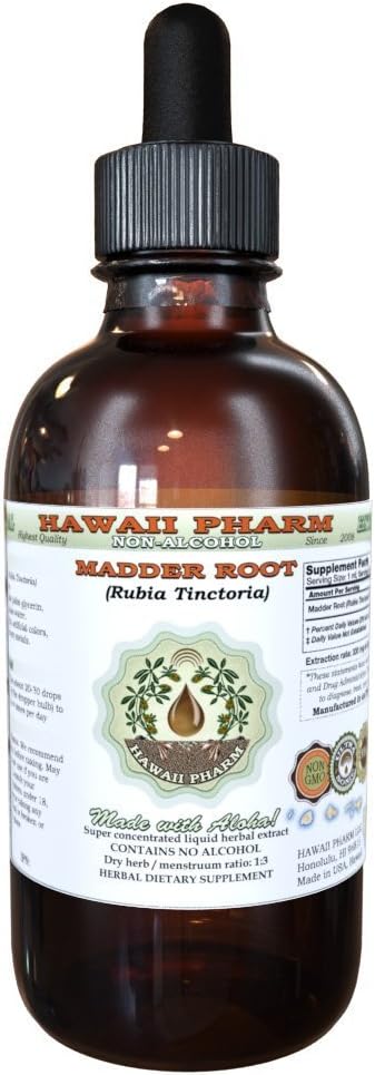 Hawaii Pharm Madder Root Alcohol-Free Liquid Extract, Madder Root (Rubia Tinctoria) Dried Root Glycerite Natural Herbal Supplement, USA 2 oz