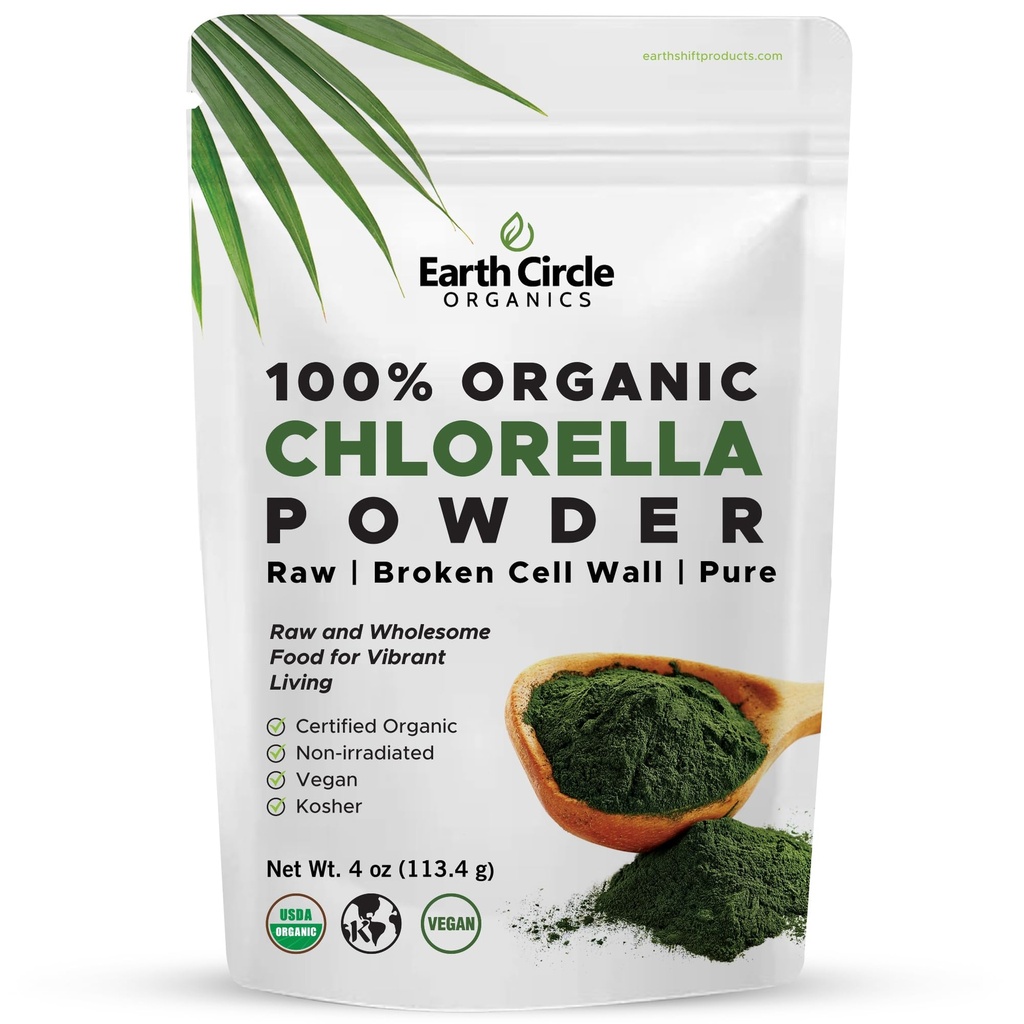 Earth Circle Organics Organic Chlorella Powder | Vegan, Kosher, Broken Cell Wall, High in Protein, Fiber & Chlorophyll | Super Green Algae, Clean, Non-GMO – 4 Ounce (Pack of 1)