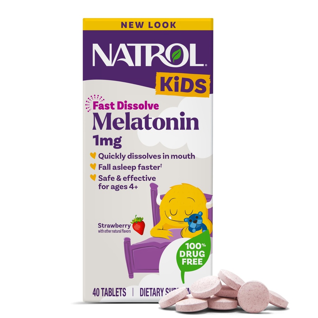 Natrol Kids Fast Dissolve Melatonin 1 mg, Dietary Supplement for Restful Sleep, Sleep Tablets for Kids, 40 Strawberry-Flavored Melatonin Tablets, 40 Day Supply