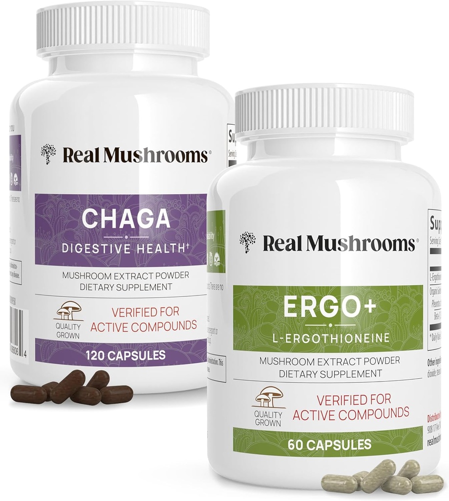 Real Mushrooms Ergothioneine (60ct) and Chaga (120ct) Bundle with Shiitake and Oyster Mushroom Extract - Longevity, Digestive Health - Vegan, Gluten Free, Non-GMO - Natural Support for Healthy Aging
