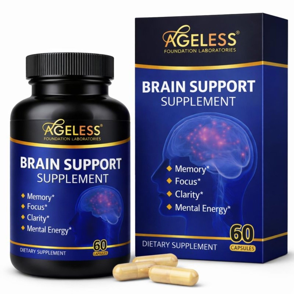Ageless Brain Supplements for Memory and Focus 1000 MG | Cognitive Improvement | Formulated with Clinically Studied Ingredients | Support Mental Clarity & Neuro Health | Vitamin B6, B12, 60 Capsules