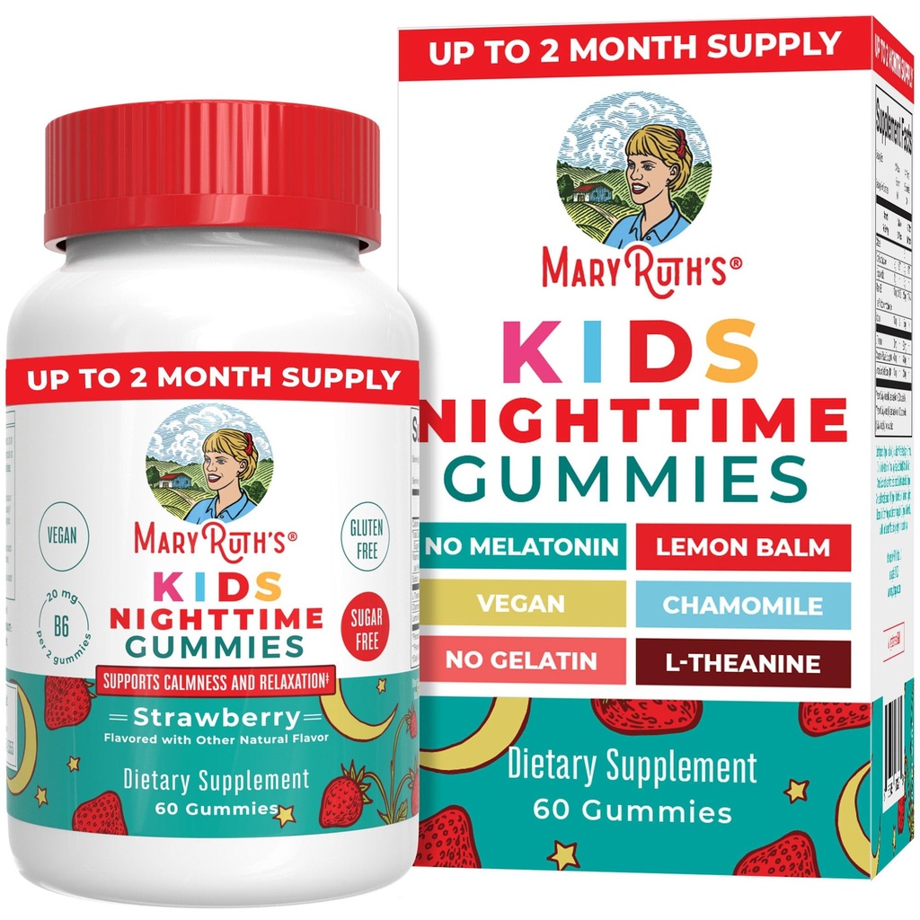 MARYRUTH'S Kids Nighttime Gummies | Sugar Free | NO Melatonin with L Theanine, Lemon Balm, Chamomile, Vitamin B6 | Relaxation Support for Kids 2+ | Vegan | Non-GMO | Gluten Free | 60 Count