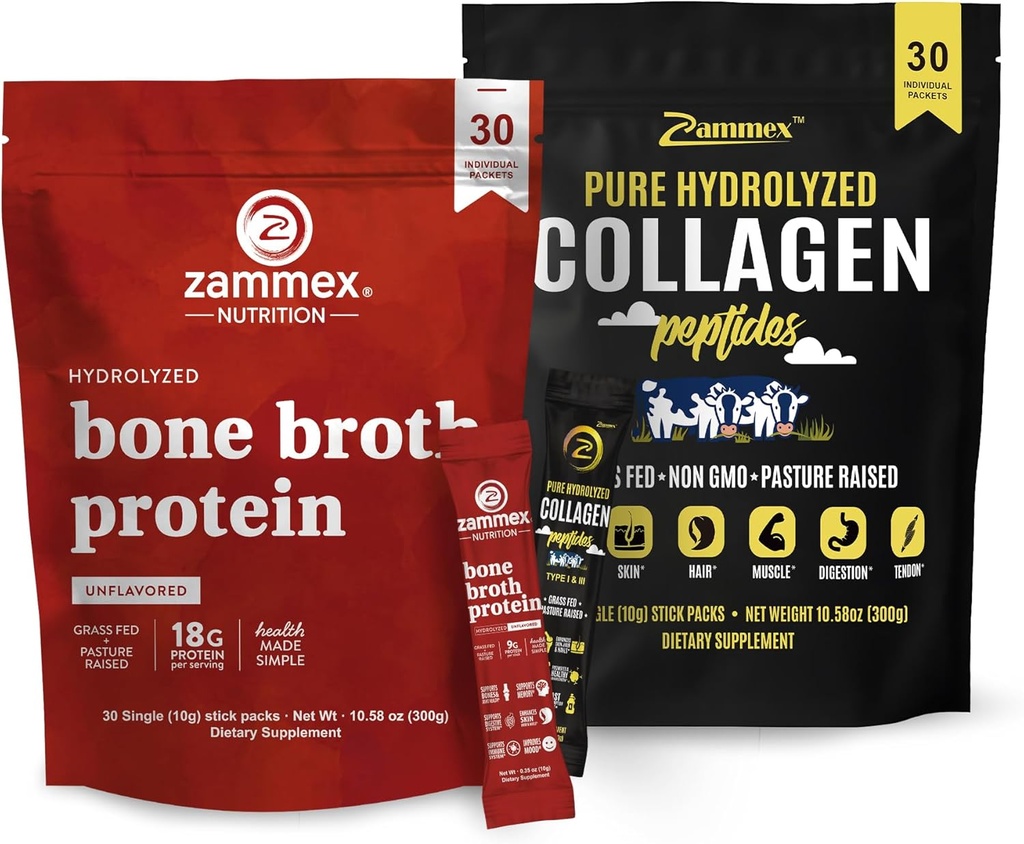 Bone Broth Protein Powder Packets + Collagen Peptides Powder Travel Packets(Type I, III)