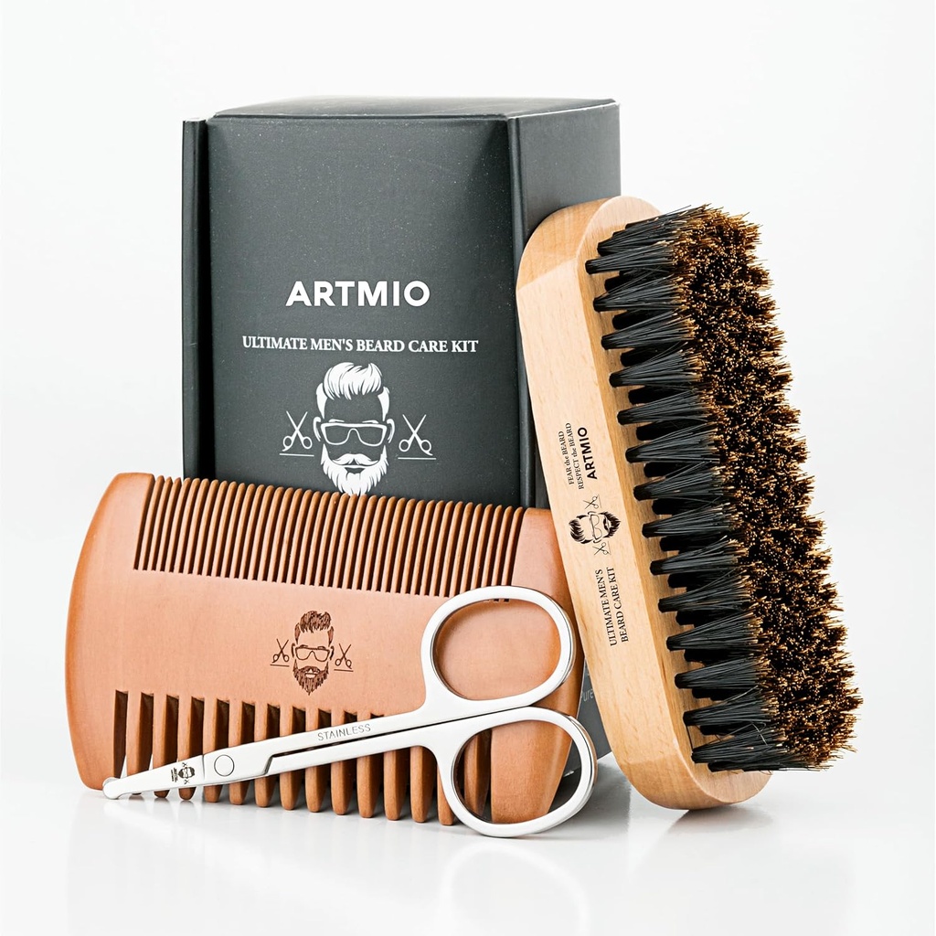 Beard Brush, Comb and Scissors Set for Men's Beard Care - Boar Bristle Hair Brush & Wooden Comb & Stainless Scissors - Beard Styling, Grooming & Shaping Tools