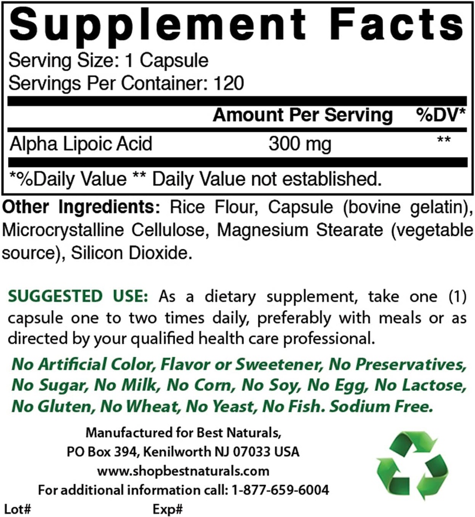Best Naturals Alpha Lipoic Acid 300 mg & Magnesium Glycinate 425 mg