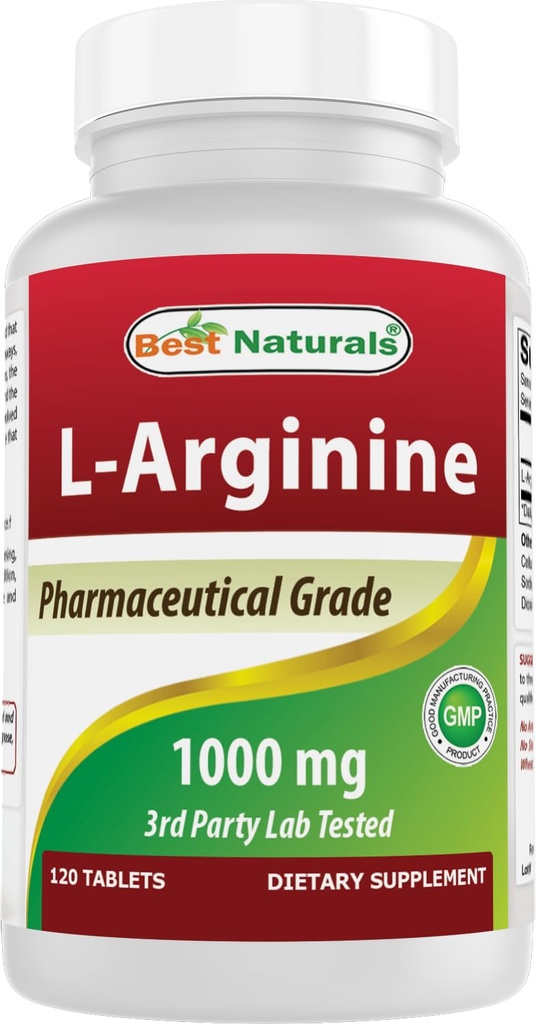 (New Improved Formula) Best Naturals L-Arginine 1000 mg 120 Tablets - Pharmaceutical Grade L Arginine Supplement Promotes Nitric Oxide Synthesis