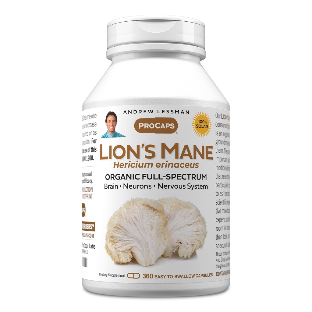 ANDREW LESSMAN Lion’s Mane 360 Capsules - Organic Full Spectrum Lion’s Mane Mushroom Extract - Supports Healthy Brain, Cognitive, and Nervous System Function - No Additives.