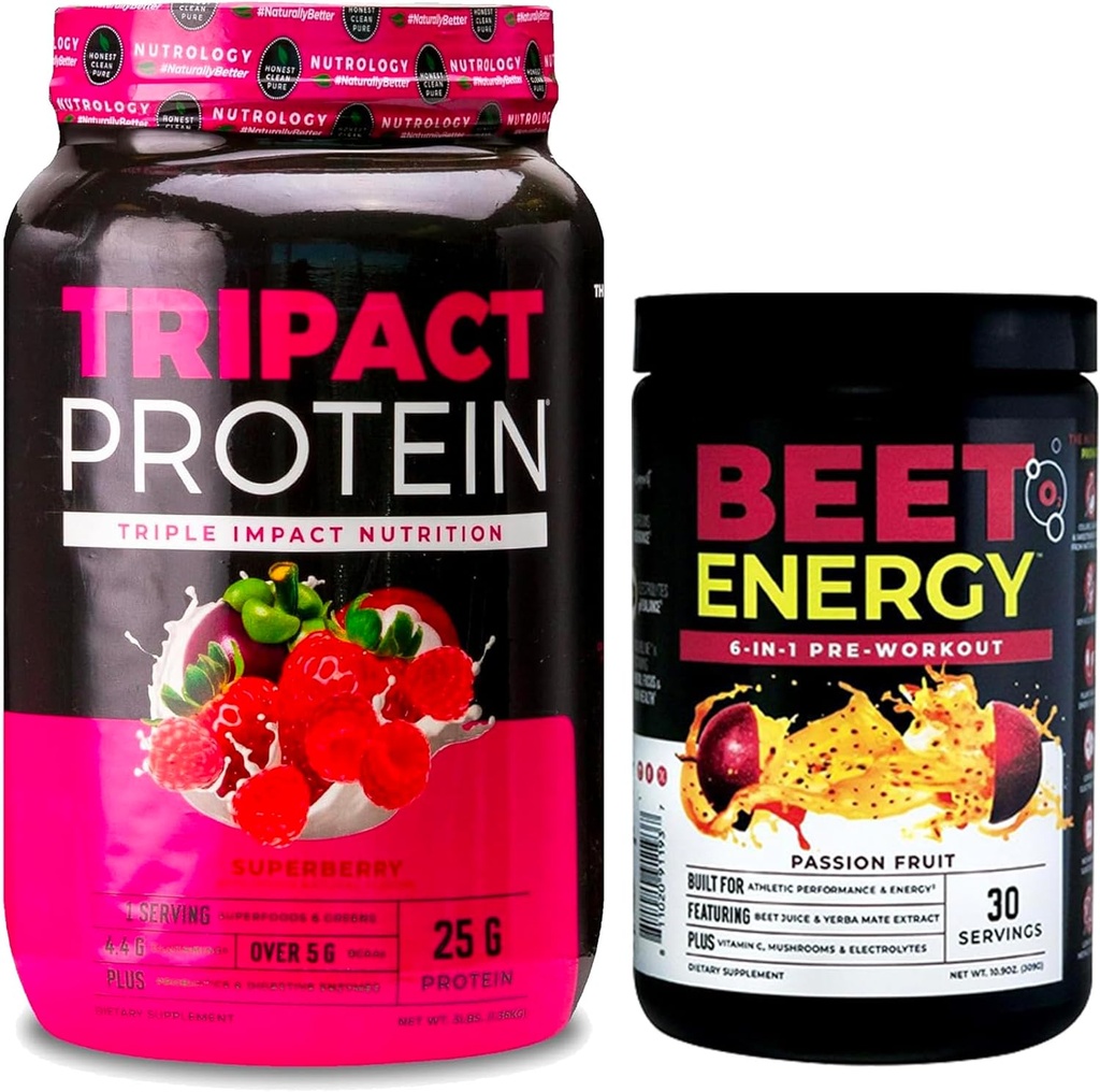Nutrology TRIPACT Protein Powder, 7-in-1 Meal Replacement Shake, Superberry (40 Servings) Beet Natural O2, Pre Workout Powder, Passion Fruit Flavor (30 Servings)