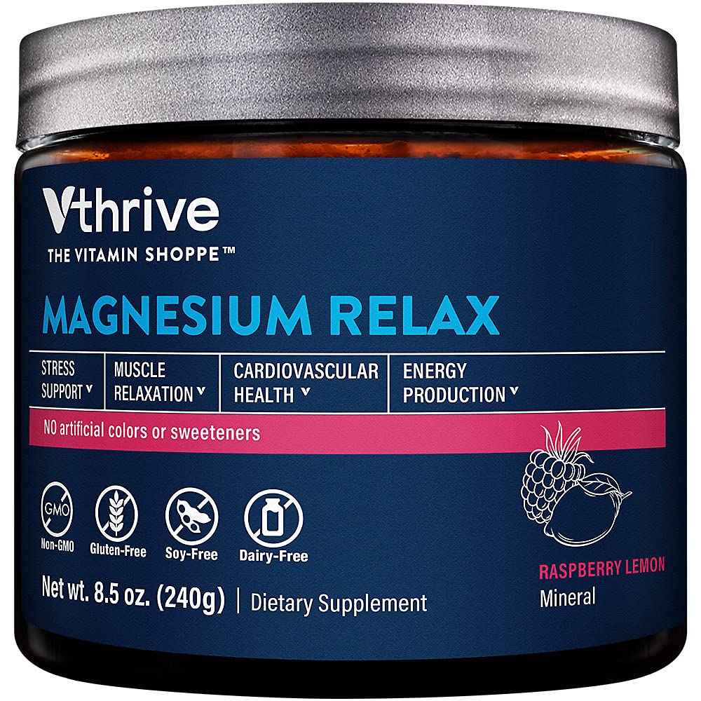 Vthrive Magnesium Relax Powder Supports Stress Relief, Muscle Relaxation & Enhanced Sleep Quality for Daily Calmness & Wellness - Raspberry Lemon Flavor (8.5 Oz. / 50 Servings)