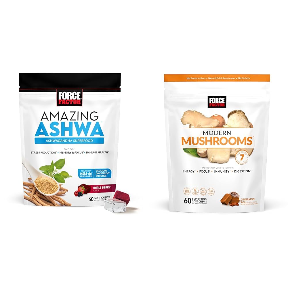 Force Factor Ashwagandha & Mushroom Supplements Bundle with KSM-66 Ashwagandha, 7 Mushrooms, 60 Soft Chews Each