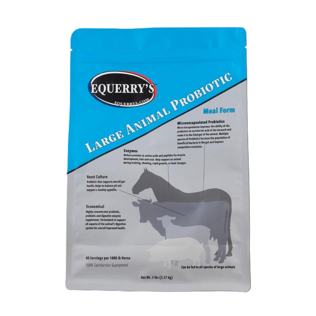 Equerry’s Large Animal Probiotic | Supplements for Gut Health and Nutrient Absorption | Probiotics and Digestive enzymes for Horses, Cows, Goats, Sheep, Pigs, 40 Feedings (5 lbs) for 1000 lb Animal