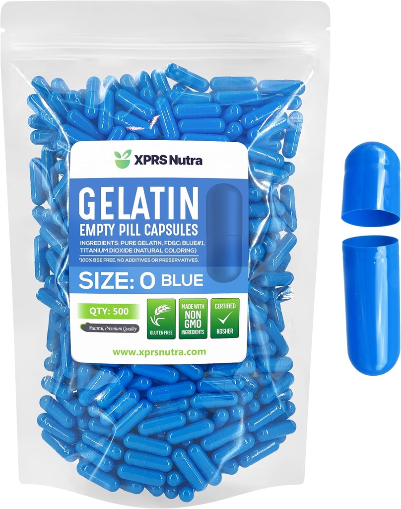 XPRS Nutra Size 0 Empty Capsules - 500 Count Empty Gelatin Capsules - Pills DIY Capsule Filling - Pure Bovine Pill Gel Caps for Do-It-Yourself Supplements (Blue)