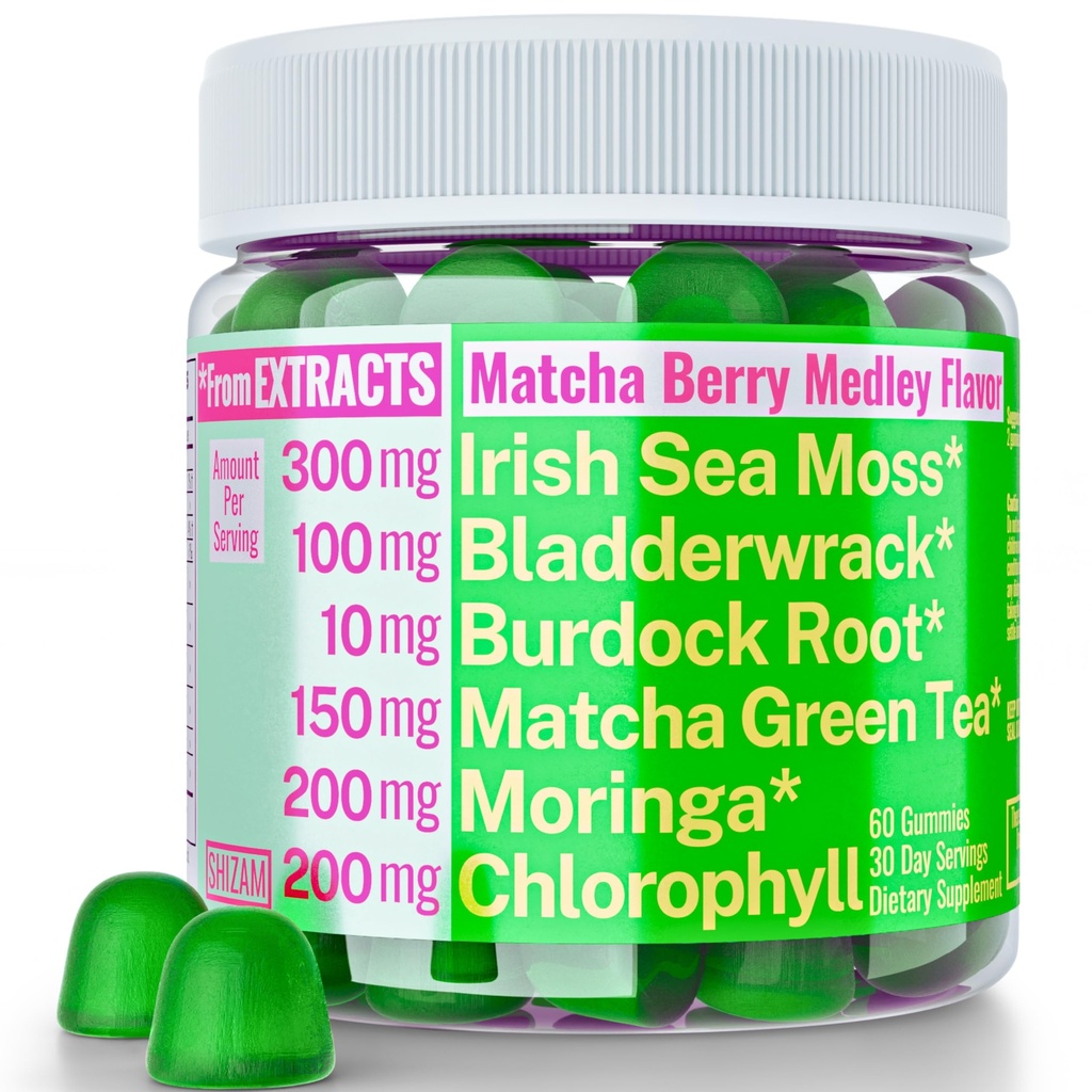 Moringa Irish Sea Moss Chlorophyll EGCg Green Tea Burdock Root Bladderwrack Super Greens Gummies, Powder Capsules Pills Liquid Drops Oil Tincture Supplement Supplements Alt, Organic Green Seamoss