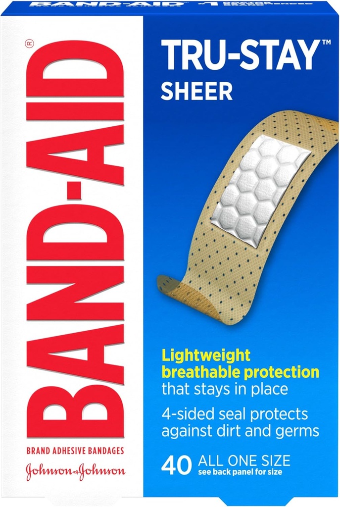 Band-Aid Brand Tru-Stay Sheer Strips Adhesive Sterile Bandages for First Aid & Wound Protection, Individually Wrapped Wound Care Bandages for Minor Cuts & Scrapes, All One Size, 40 ct