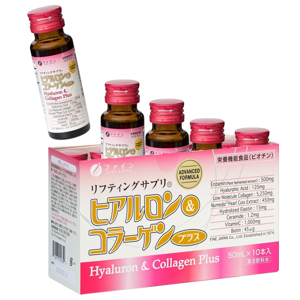 FINE JAPAN Hyaluron & Collagen Plus – Liquid Collagen Supplement with Vitamin C, Hyaluronic Acid, Pearl Coix, Supports Skin Hydration, Elasticity, Hair & Nail Health – Made in Japan, 17 fl oz