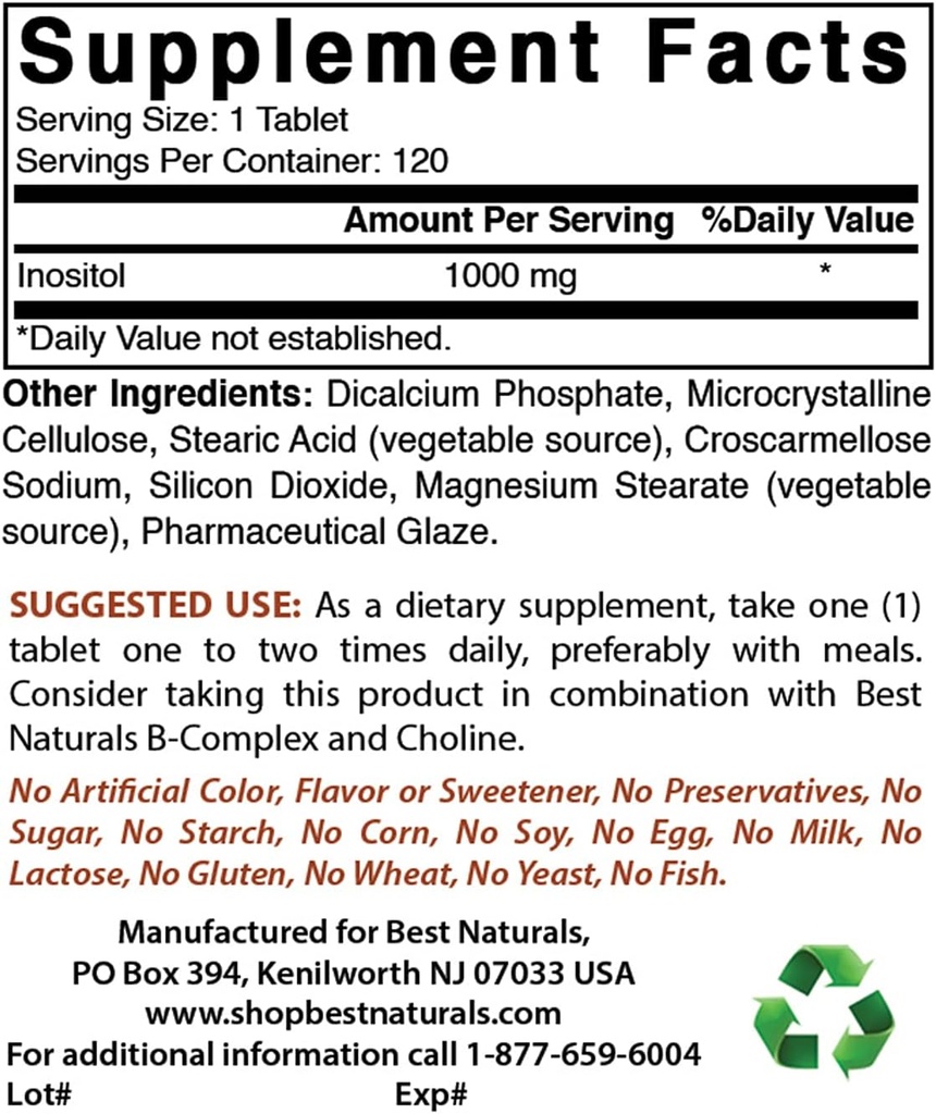 Best Naturals Inositol 1000mg & Glycine Supplement 1000 Mg