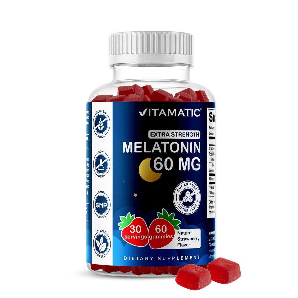 Vitamatic Sugar Free Melatonin 60 mg - 60 Vegetarian Gummies - Non-Habit Forming Supplement