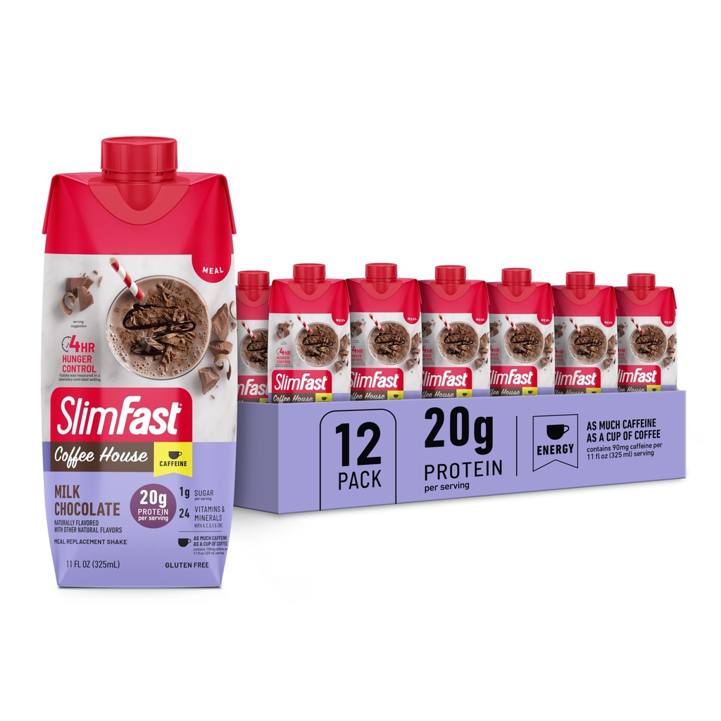 SlimFast Protein Shake, NEW Milk Chocolate- 20g Protein, Meal Replacement Shake Ready to Drink, High Protein with Low Carb and Low Sugar, 24 Vitamins and Minerals, 11 Fl Oz (Pack of 12)