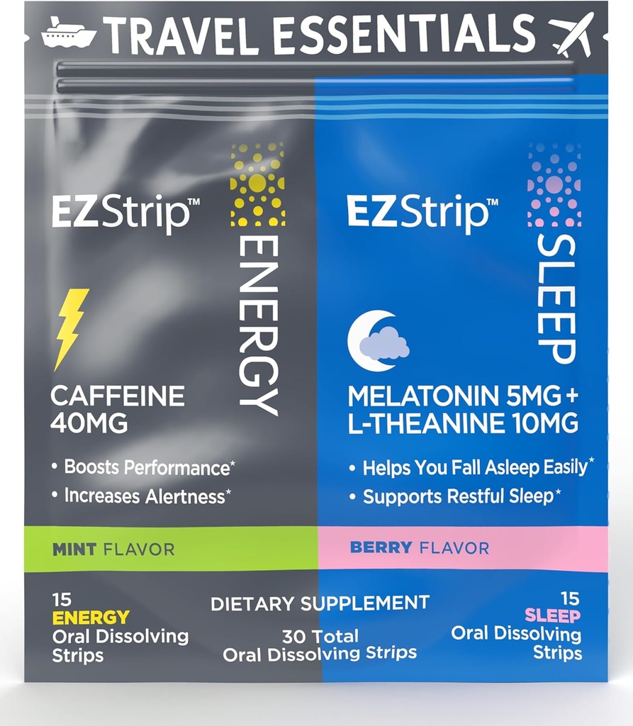 Travel Pack with Energy & Sleep Supplements - 30 Count - Portable Pack with Caffeine Strips for Energy and Melatonin Strips for Sleep Support During Travel - Made in USA, Sugar & Gluten Free