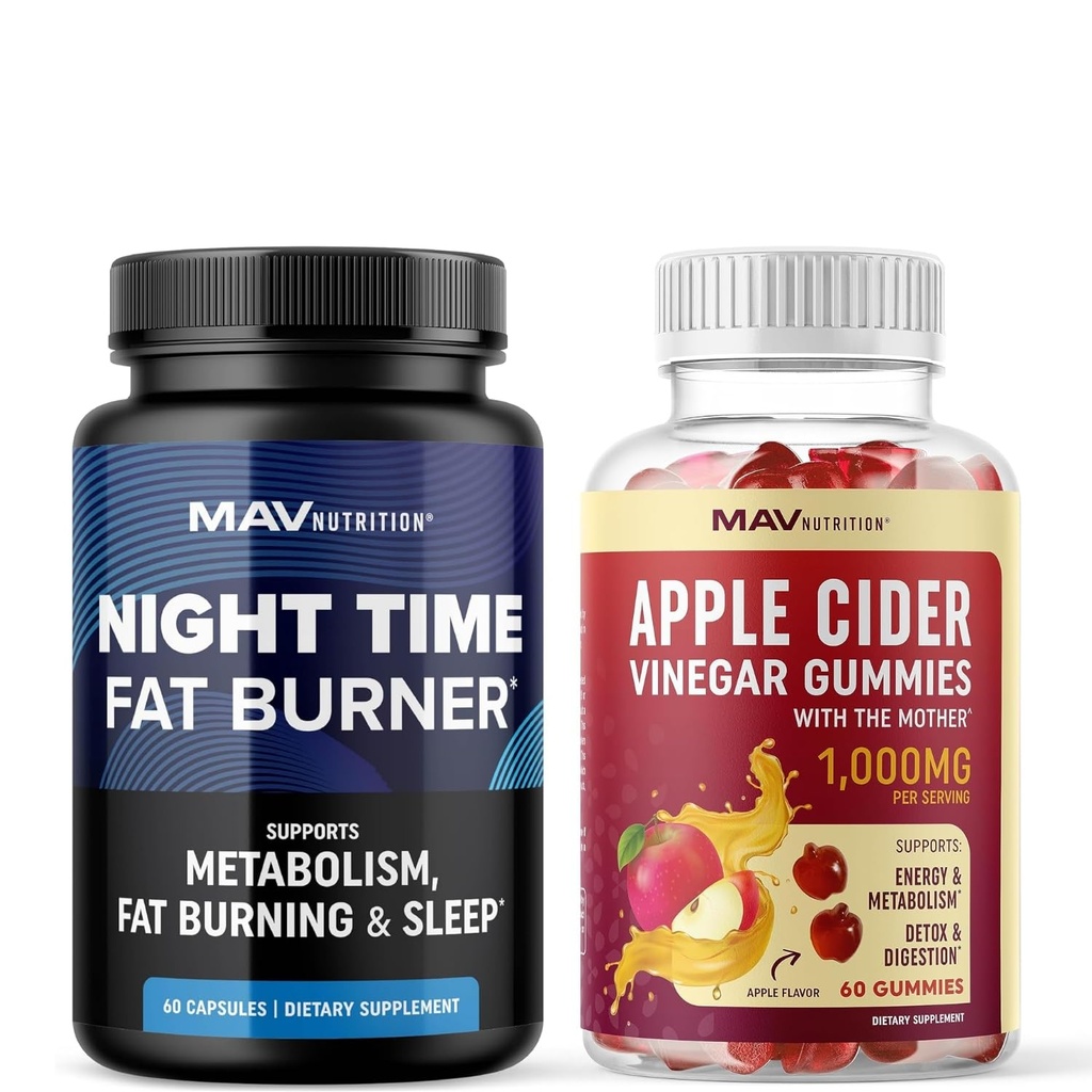 MAV NUTRITION Night Time Fat Burner Capsules and Apple Cider Vinegar Gummies | Overnight Metabolism Booster for Stomach Fat Burning Support with Melatonin & ACV | 1 Month Supply