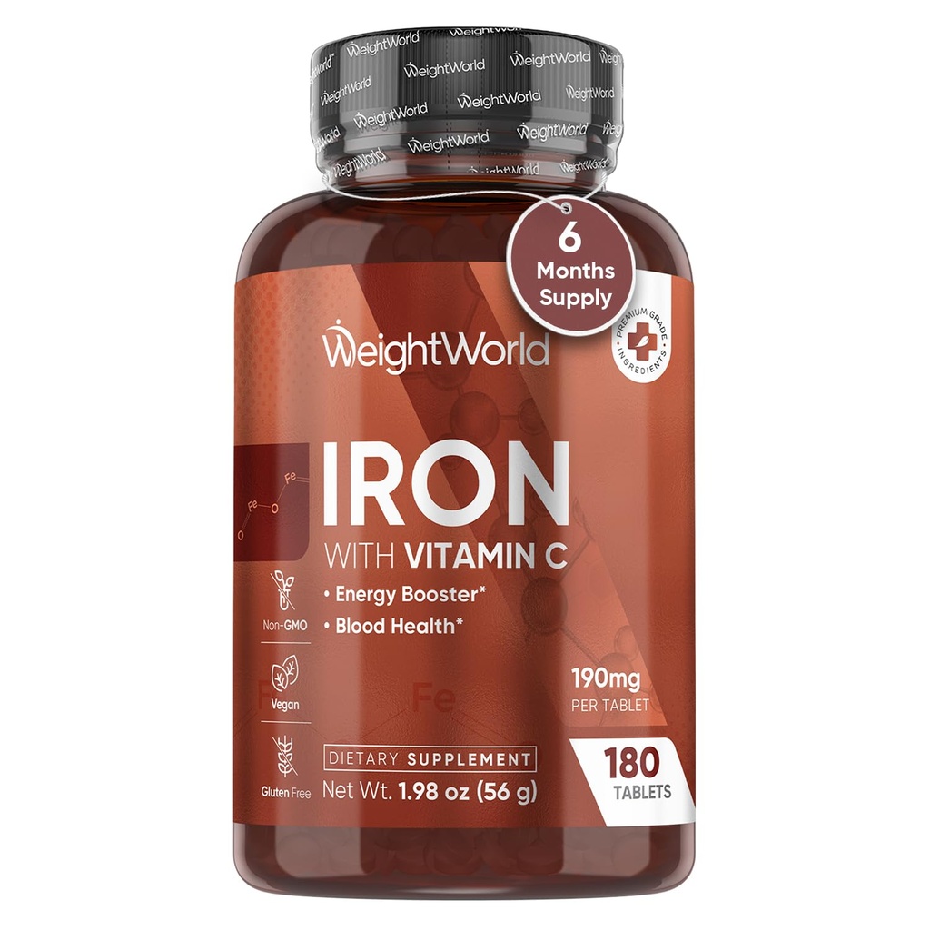 WeightWorld Iron 65mg with Vitamin C 125mg Tablets for Blood Health, Energy & Immune Support | 180 Tablets (6-Month Supply) | Gentle Iron Supplement for Women & Men - Vegan, Non-GMO