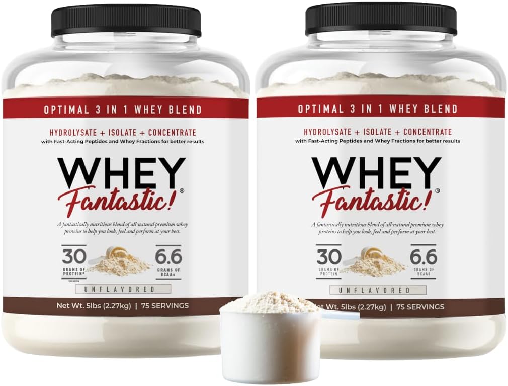 3-in-1 Whey Protein Powder Unflavored 2 x 5lb – 30g of Grass-Fed Protein from Whey Hydrolysate, Isolate and Concentrate per Serving – Non-GMO, Soy-Free, Sugar-Free – 126 Servings