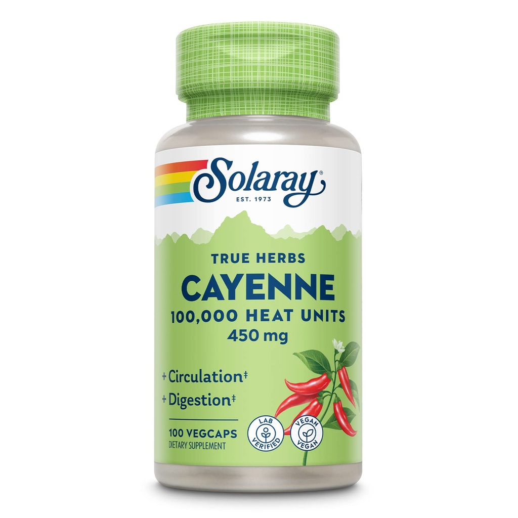 Solaray Cayenne 100,000 Heat Units - Cayenne Pepper Capsule Supplement for Women & Men, Capsaicin Supplements, Health and Wellness Support - 100 VegCaps