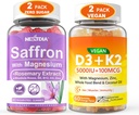 2Pack Saffron Supplements Gummies + 2Pack Vegan Vitamin D3 5000IU K2 Gummies, Whole Food Blend, Coconut Oil, Magnesium