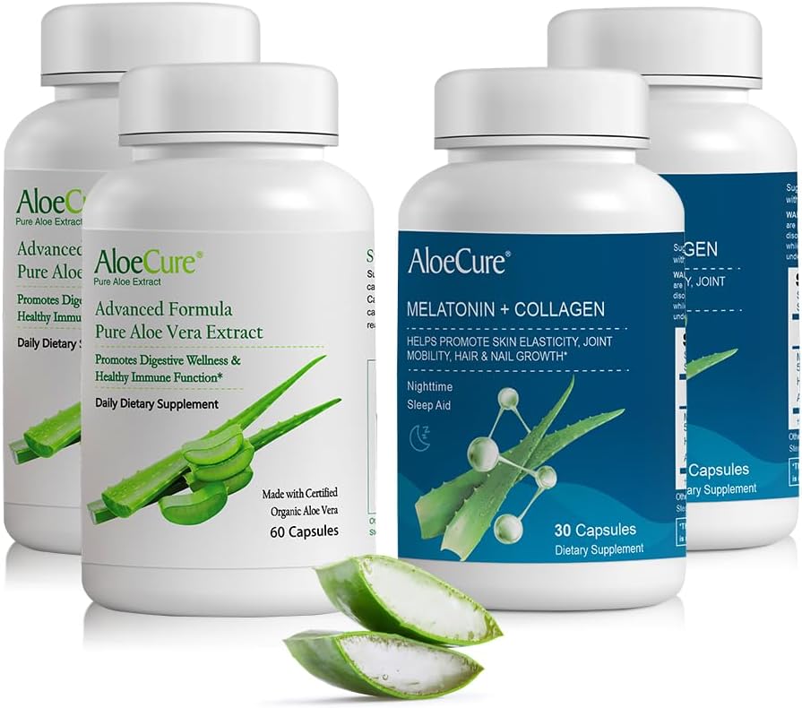 AloeCure Organic Aloe Vera Capsules Pack - 4 Pieces - 2 x Melatonin + Collagen, 2 x Aloe Vera Capsules