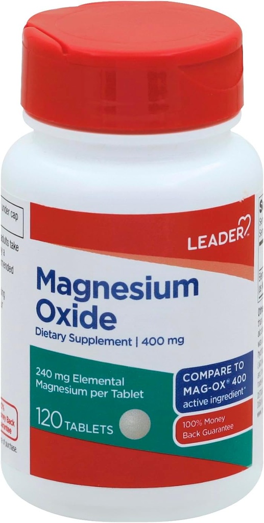 Leader Magnesium Oxide 400mg, Helps Bone & Muscle Cramps, Weakness Dietary Tablet Supplement, 120 Count