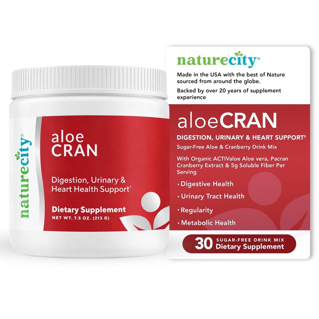 NatureCity AloeCran - Pure Aloe Vera Blend with Cranberry Powder Supplement - Sugar Free Fiber Combo Mix for Digestive and Urinary Health - Gut & Metabolic Health Support - 30 Days of Supply