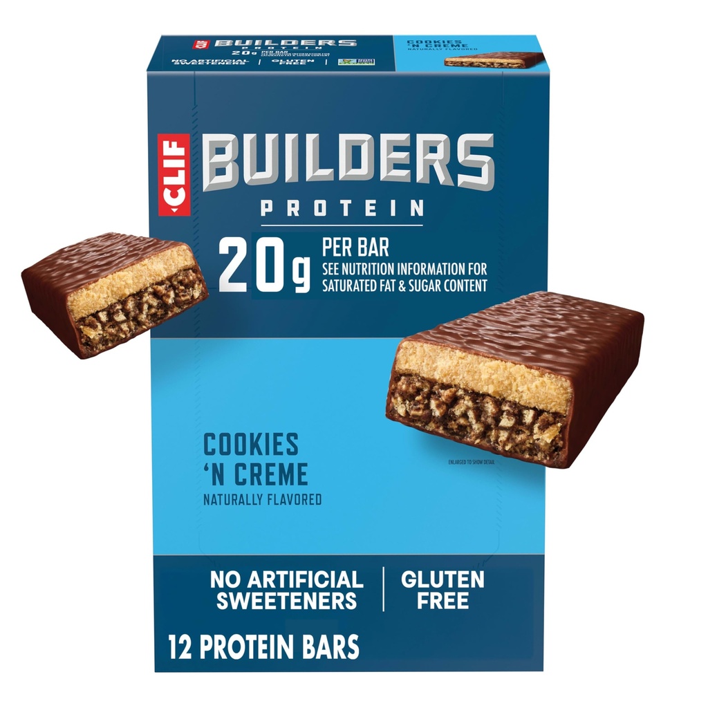 CLIF BUILDERS Protein Bars - Cookies 'n Cream Flavor - 20g Plant Based Protein - Gluten Free - Non-GMO - Low Glycemic - No Artificial Sweeteners - 2.4 oz. (12 Pack)