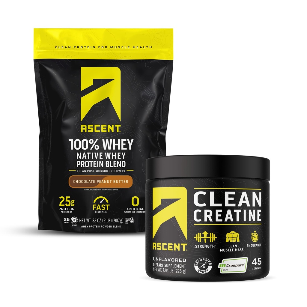 Ascent 100% Whey Protein Powder, Chocolate Peanut Butter 2 lb & Creatine Monohydrate Powder, Unflavored 45 Servings