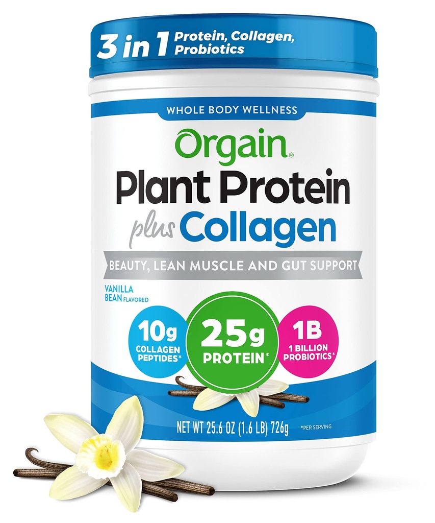 Orgain Protein Powder + Collagen, Vanilla Bean - 25g of Protein, 10g Collagen Peptides, Type I & III, 1B CFU Probiotics, Supports Hair, Skin, Nail, Joint & Gut Health, Gluten Free - 1.6lb