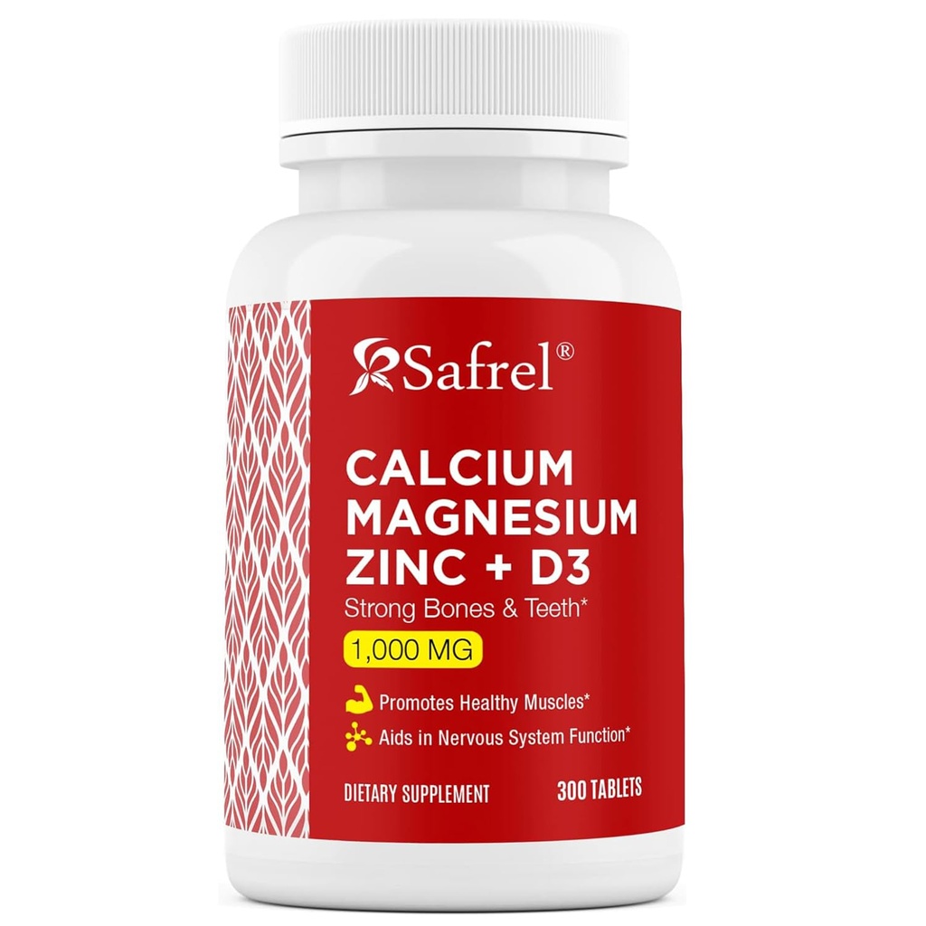 Safrel | Calcium Magnesium Zinc with Vitamin D3 | Calcium 1000 mg + Magnesium 400 mg + Zinc 20 mg + D3 600 IU | Tablets | 300 Count | Bone and Immune Support | Daily Mineral Blend
