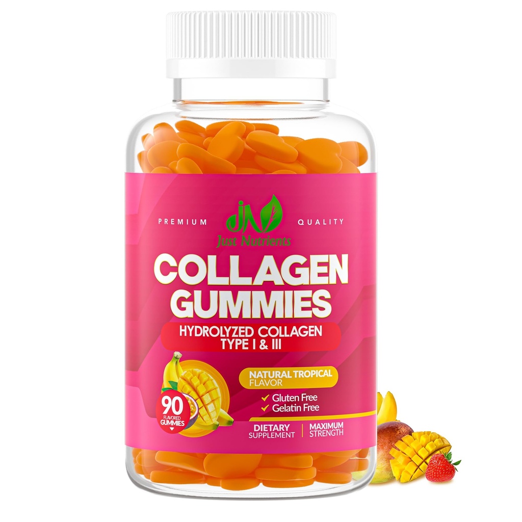 Collagen Gummies for Women & Men (90 Count) - Premium Hydrolyzed Collagen Type I & III for Hair, Skin & Nails Support - Great Tasting Tropical Flavor, Gluten-Free, Non-GMO - 90 Gummies (45 Servings)