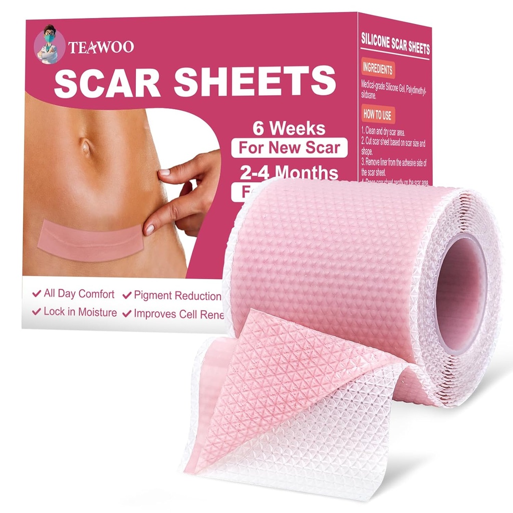 Silicone Scar Sheets,Silicone Scar Tape For Surgical Scars,C-Section,Tummy Tuck,Keloid Bump Removal, Face Tape for Wrinkles Overnight (1.6"X 59" Roll-1.5M-Pigment Reduction-Pink)