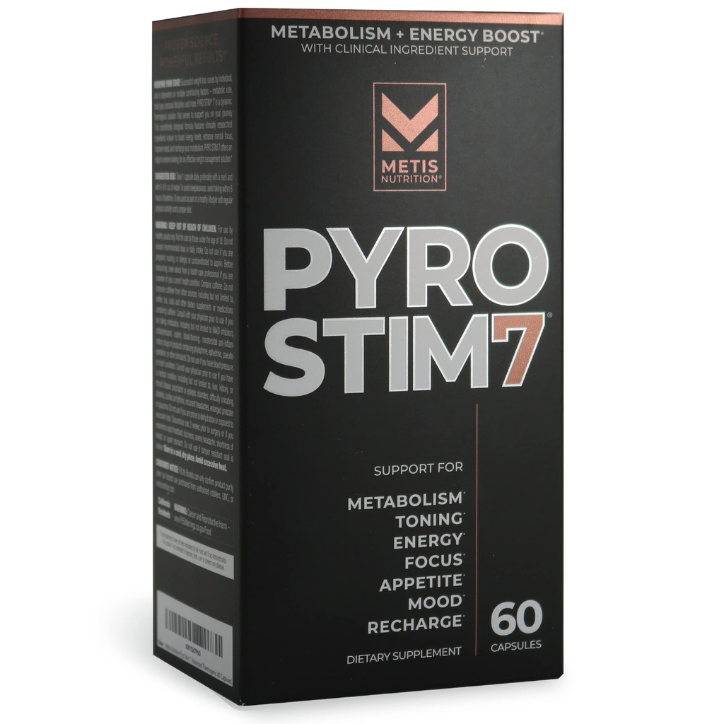 METISNutrition Pyro Stim 7 Metabolism Booster Fat Loss Support Energy Boost - Once-A-Day Thermogenic with Teacrine for Focus, Appetite Control, Muscle Toning, and Mood Control (60 Capsules)