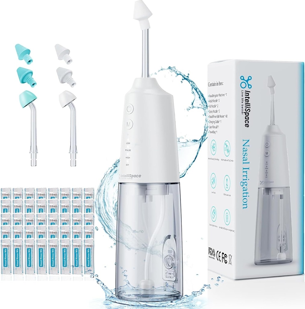Nasal Irrigation System Portable Cordless Nasal Rinse Machine for Sinus Allergy Relief Nasal Care - Electric Neti Pot for Nasal Irrigation - Sinus Rinse Kit with 6 Nozzles 40 Salt Packs