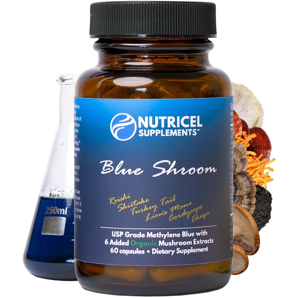 Nutricel Supplements Methylene Blue Capsules with Mushroom Extracts: Lion's Mane, Reishi, Cordyceps, Chaga, Shiitake, Turkey Tail - Trusted Made in America - 7mg (USP Grade) (60ct)