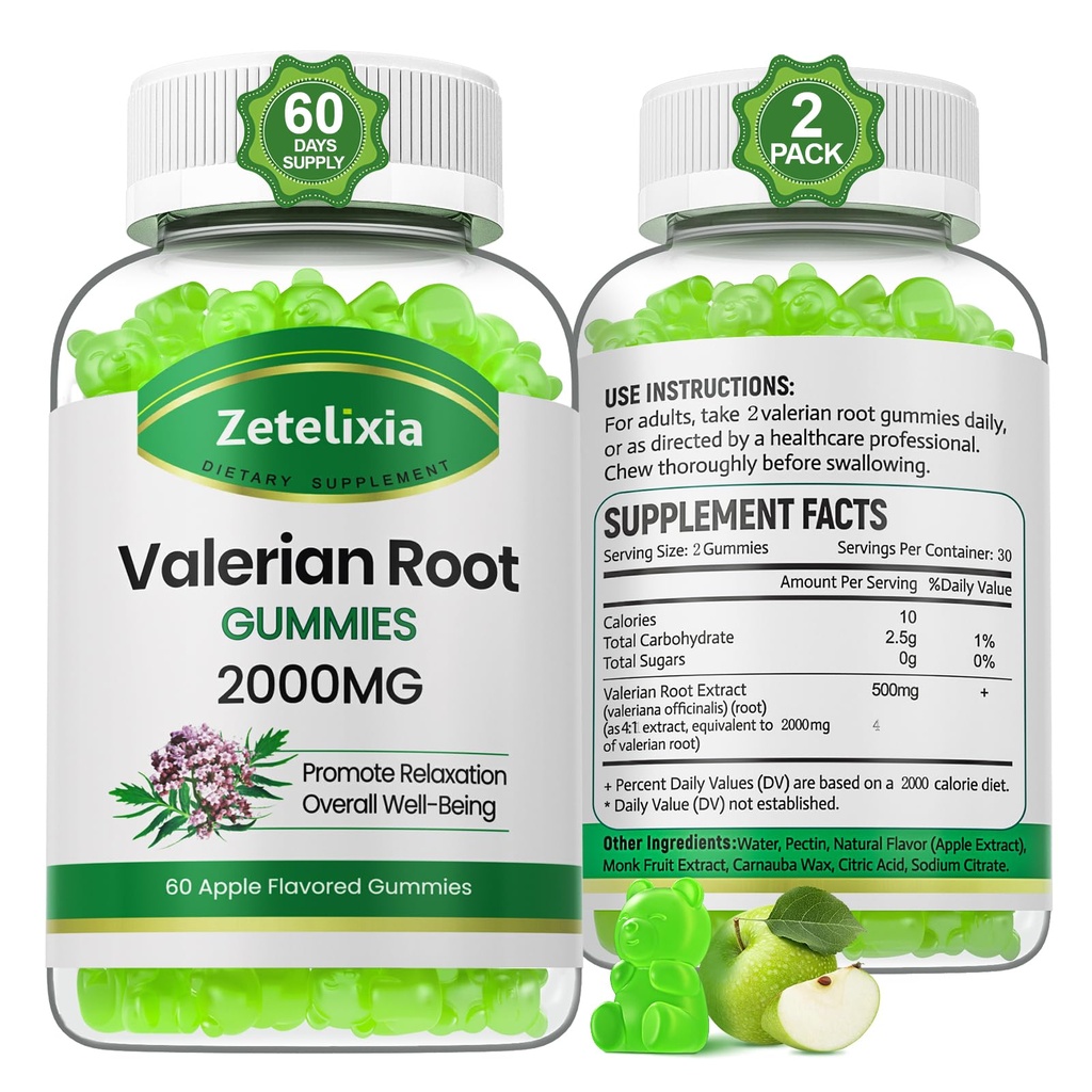 2 Pack Organic Valerian Root Gummies, Herbal Supplement for Relaxation & Mood Support, Sleep Gummies Without Melatonin for Adults, Vegan, Non-GMO, Apple Flavor, 120 Count