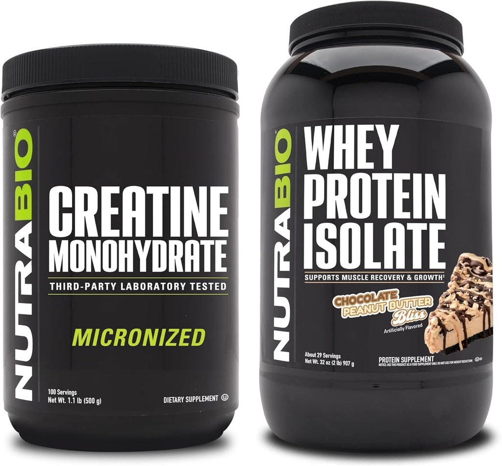 NutraBio Creatine Monohydrate, Unflavored, 500g and Whey Protein Isolate, Chocolate Peanut Butter, Supplement Bundle - Muscle Energy, Lean Muscle Growth, Recovery, and Strength