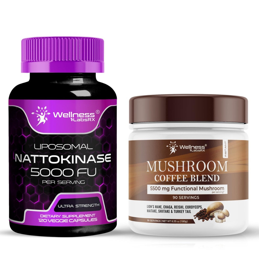 WELLNESS LABSRX Nattokinase Supplement Capsules - Mushroom Coffee Blend | Bundle