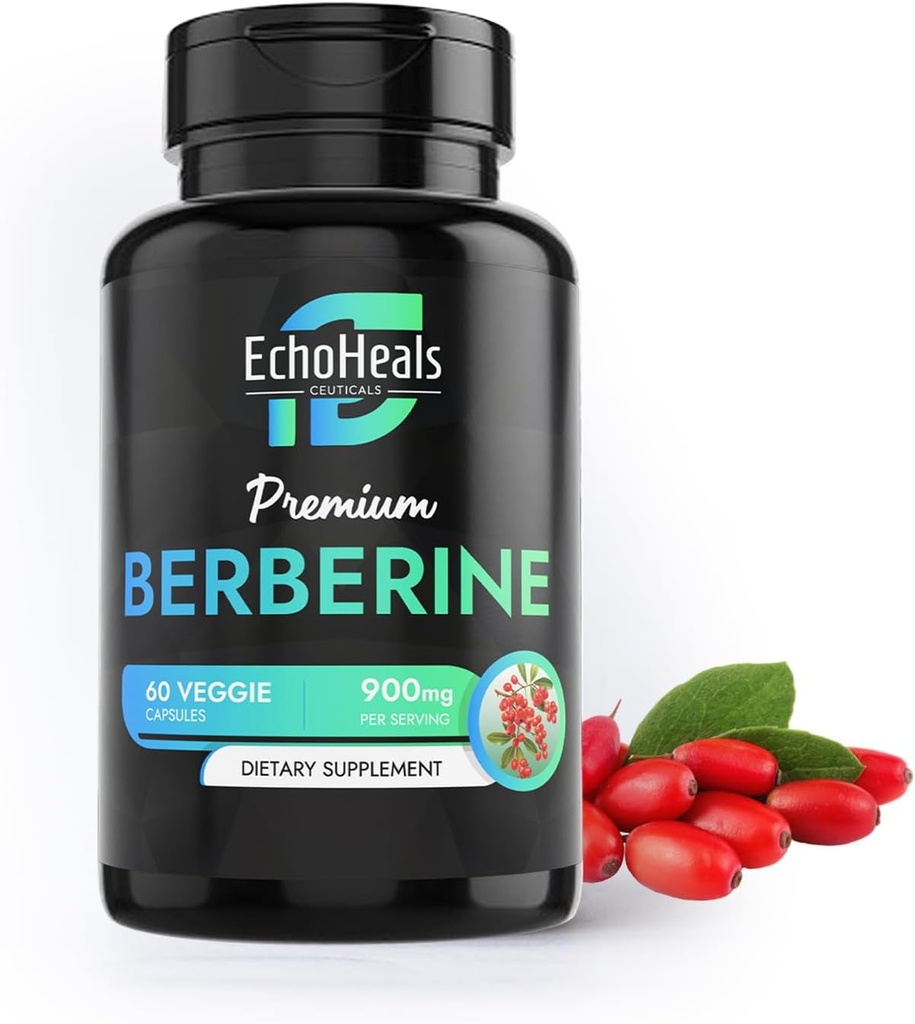 Berberine Supplement - Natural Plant-Based with Ceylon Cinnamon, Turmeric, Piperine, Vitamins B6, C, D - Vegan-Friendly - 60 Vegetable Caps, 900mg.